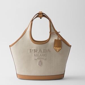 Brand New Prada Large Linen Blend and Leather Tote Bag